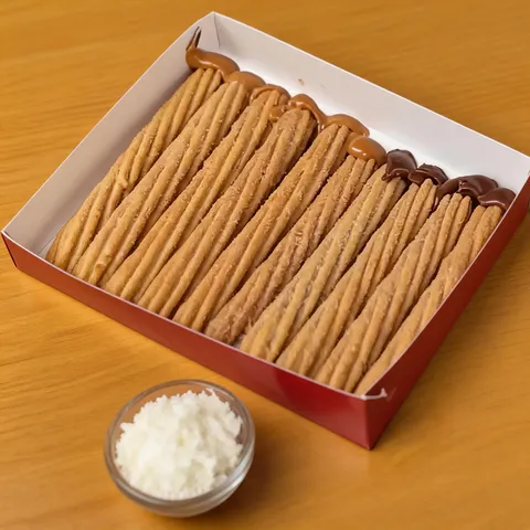 10 unidades de churros espanhóis recheados, crocantes por fora e macios por dentro, finalizados com açúcar e canela. Acompanha 30ml de confeito para um toque extra no sabor. Aproximadamente 16cm cada unidade.