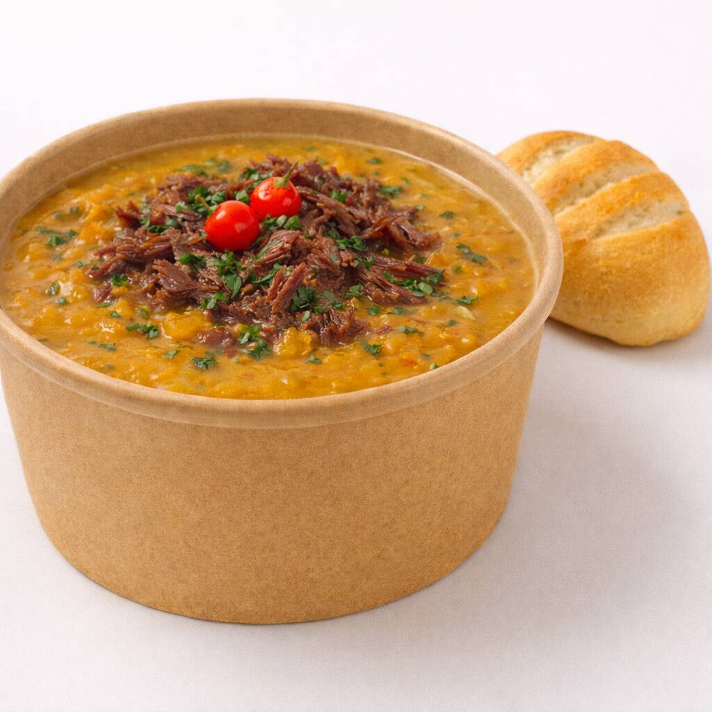 Caldo de mandioca e costela com deliciosa mussarela derretida no meio. Acompanha torradas