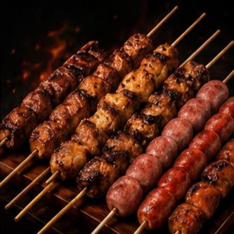 10 espetinhos sortidos direto da brasa para sua casa.