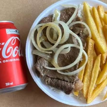 bife acebolado mais arroz feijao e batata frita + coca cola lata