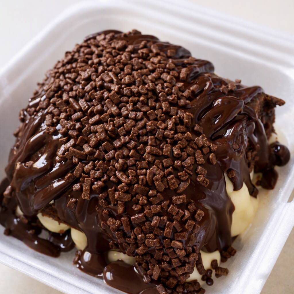 Generoso bolo de chocolate coberto de ganache de chocolate 35% cacau extremamente recheado com brigadeiro de leite Ninho. Uma explosão de sabor em aproximadamente 350g de pura gostosura