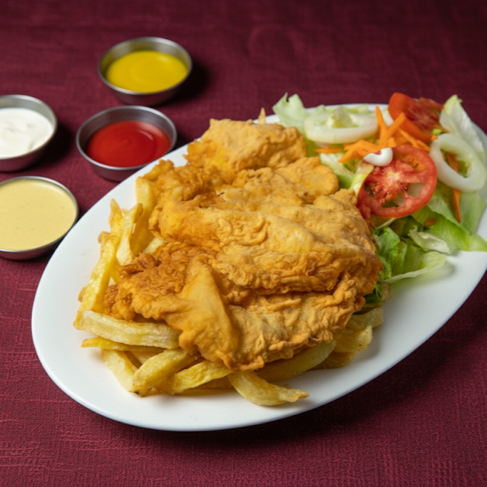 Filete Broaster con Papas Fritas ,Arroz