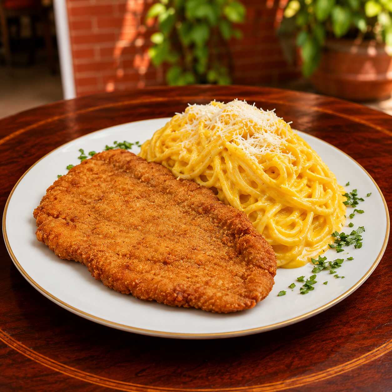 Tallarines a la Huancaína con Milanesa