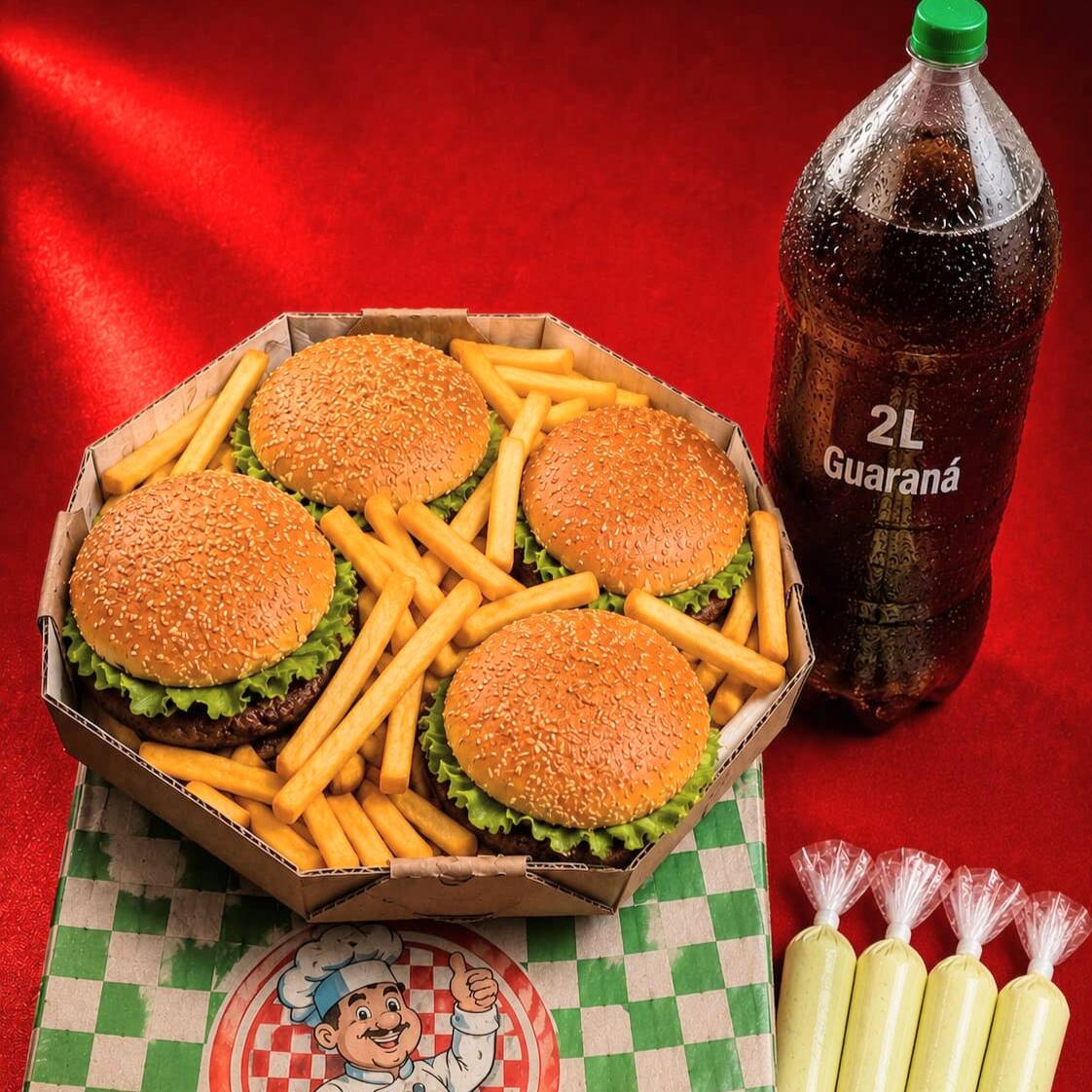 COMBO ACOMPANHA 4 X SMASH + 1 Refrigerante 2L SABORES DIVERSOS
+ BATATA FRITA
X SMASH - PAO, CARNE, BACONESE ESPECIAL, QUEIJO, ALFACE,