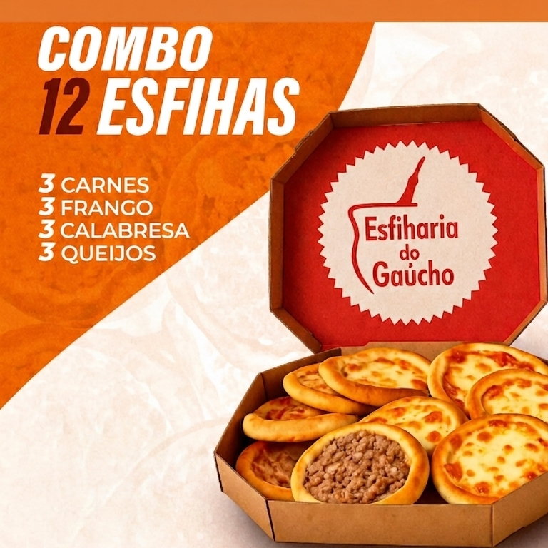 Nessa promoção acompanha 12 ESFIHAS
3 esfihas de carne
3 esfihas de 2 Queijos
3 esfihas de frango catupiry
3 esfihas de calabresa Catupiry