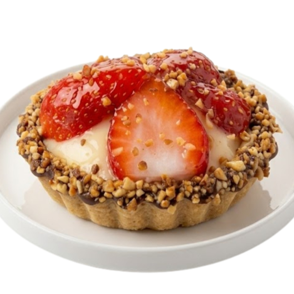 Base amanteigada crocante, recheada com creme de confeiteiro suave e aveludado. Finalizada com morangos frescos e crocante de xerém de castanha de caju.