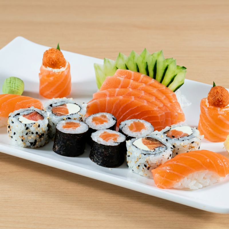 3 sushi salmão + 3 sashimi salmão + 3 joe joe + 6 filadélfia + 6 uramaki filadélfia