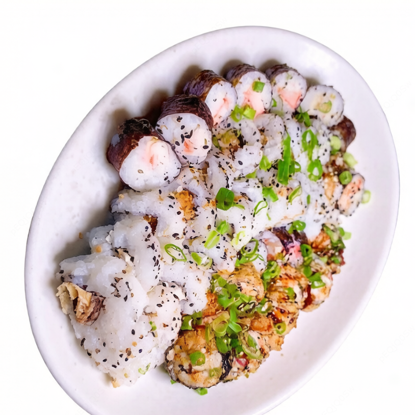 10 carioca de salmão + 10 uramaki camarão empanado + 10 uramaki skin + 10 hossomaki kani