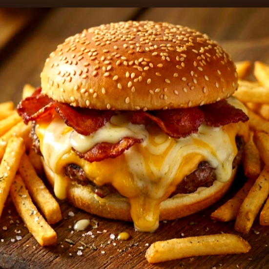Papas fritas Hamburguesa con Tocino y 3 Quesos