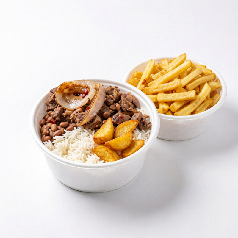 Marmita econômica com arroz, feijão, batata frita e carne + porção extra de batata crocante. Ideal pra quem quer comer mais gastando pouco.