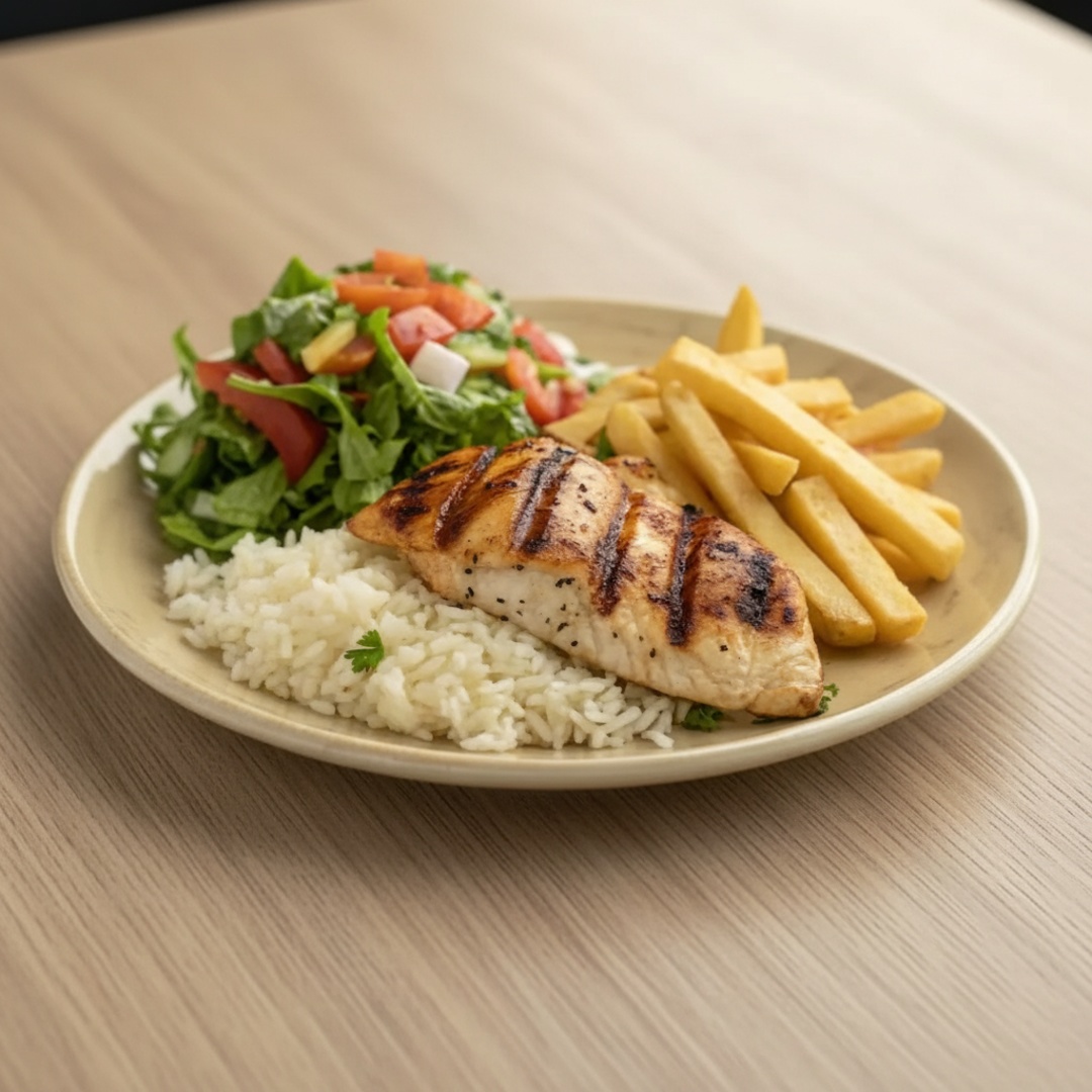Suculento Peito de Frango Grelhado, Acompanha arroz soltinho, batata frita crocante e dourada, além de uma salada fresca. Uma combinação equilibrada, saborosa e irresistível!