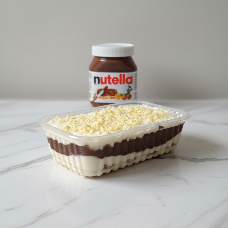 Feito com creme de ninho , biscoito maisena e muita nutella finalizado  com leite em po ninho. 300g serve 1 pessoa