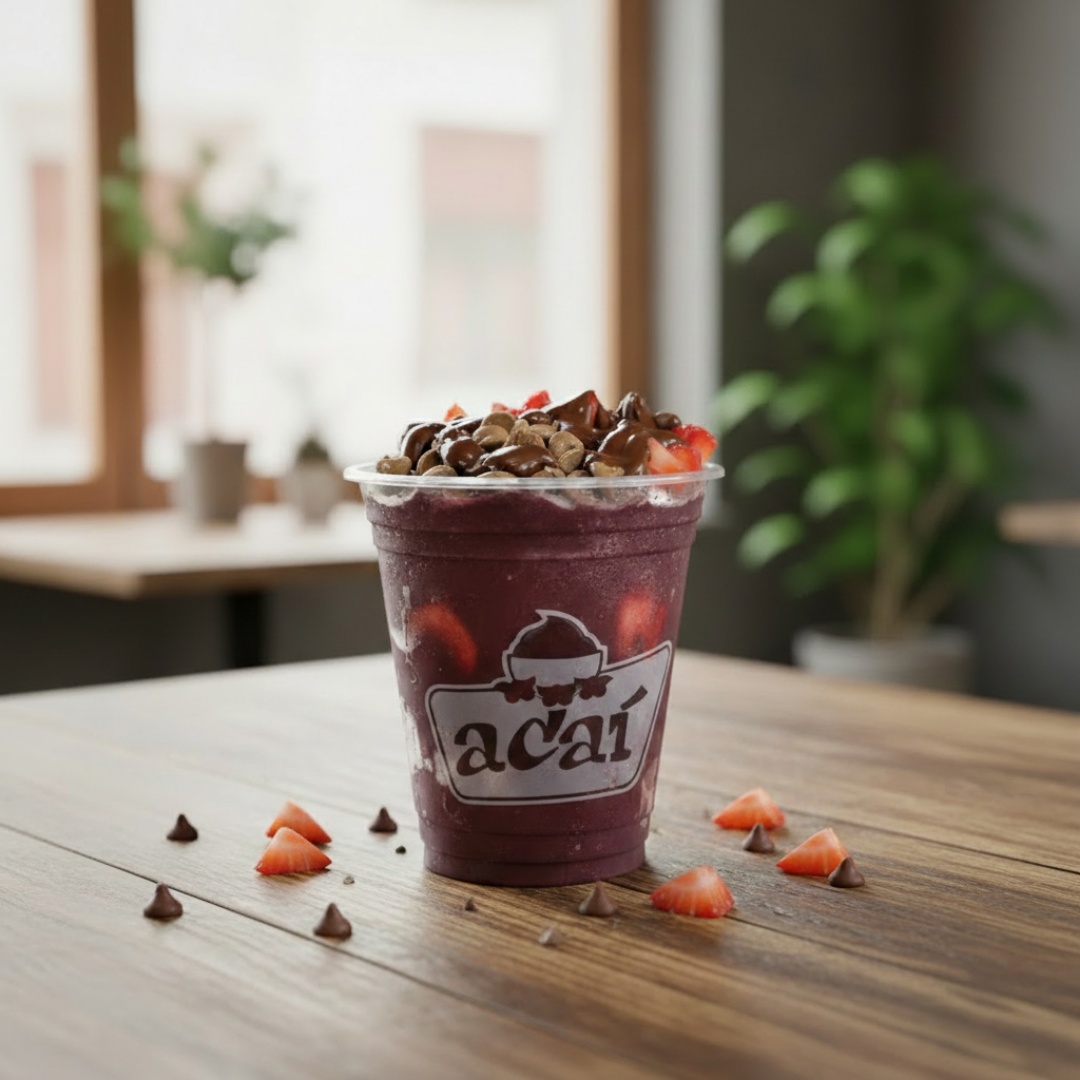 Delicioso creme de açaí comAçaí Gotas de Chocolate (leite po, creme morango, creme de avelã e banana