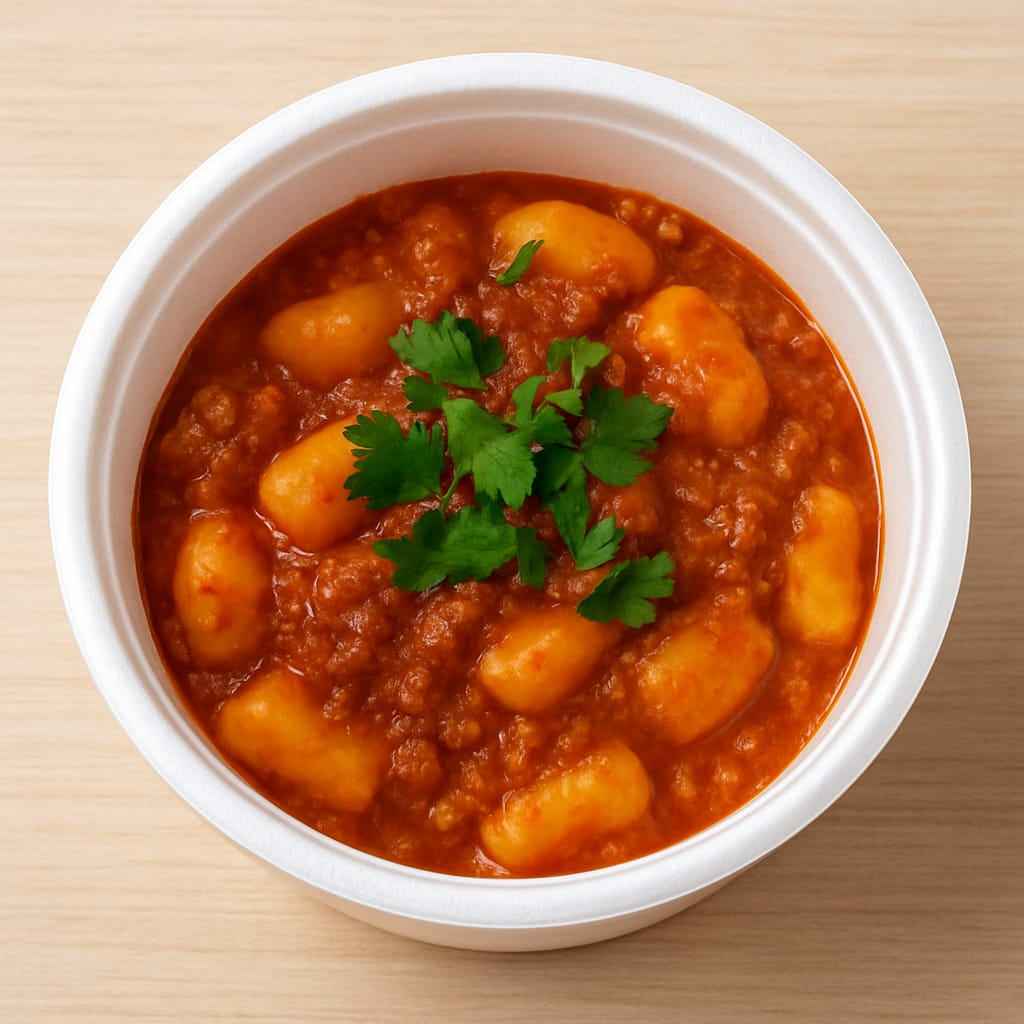 Nhoque molho bolonhesa com toque de manjericão e um fio de azeite.