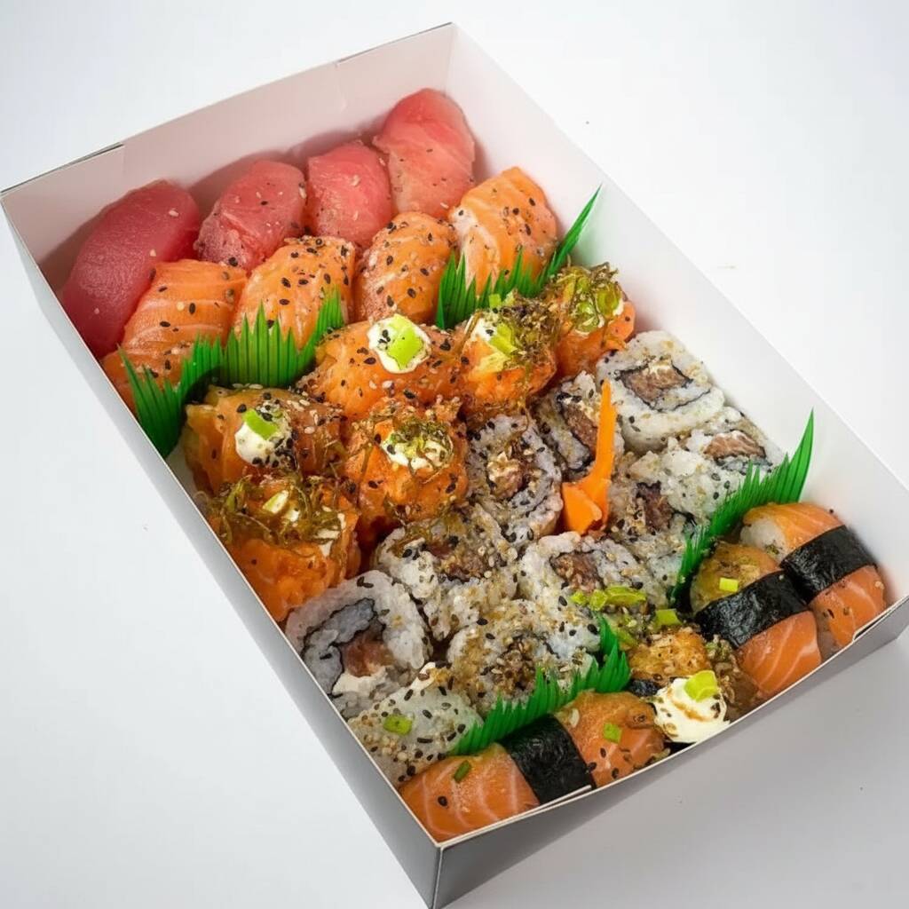 24 peças naturais, selecionadas para os amantes de sushi!
Contém;
5 cariocas de salmão
5 uramaki de salmão
5 uramaki de camarão
2 niguiri de salmão
2 niguiri de atum
3 sashimi de salmão
2 canapé de salmão