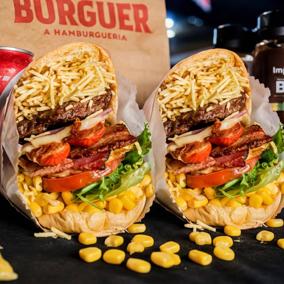 O mais pedido Pao hamburguer mussarela presunto bacon salsicha ovo alface tomate milho e batata palha, em dose dupla!
