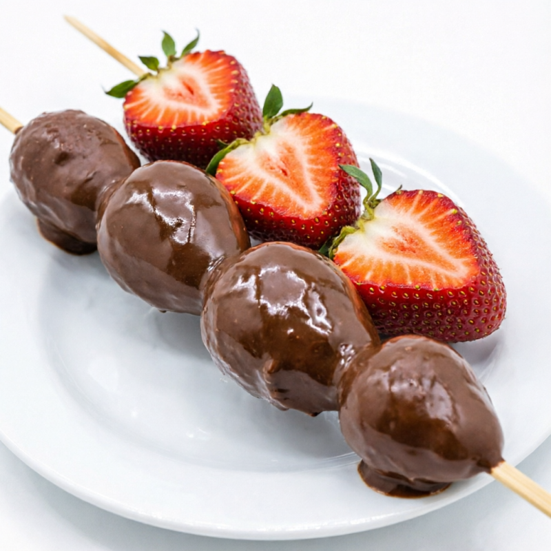 Espetinho de Morango com Chocolate Quatro morangos frescos cobertos com uma deliciosa camada de chocolate ao leite, formando o espetinho mais irresistível que você já provou! Perfeito para matar a vontade de um docinho com muito sabor.