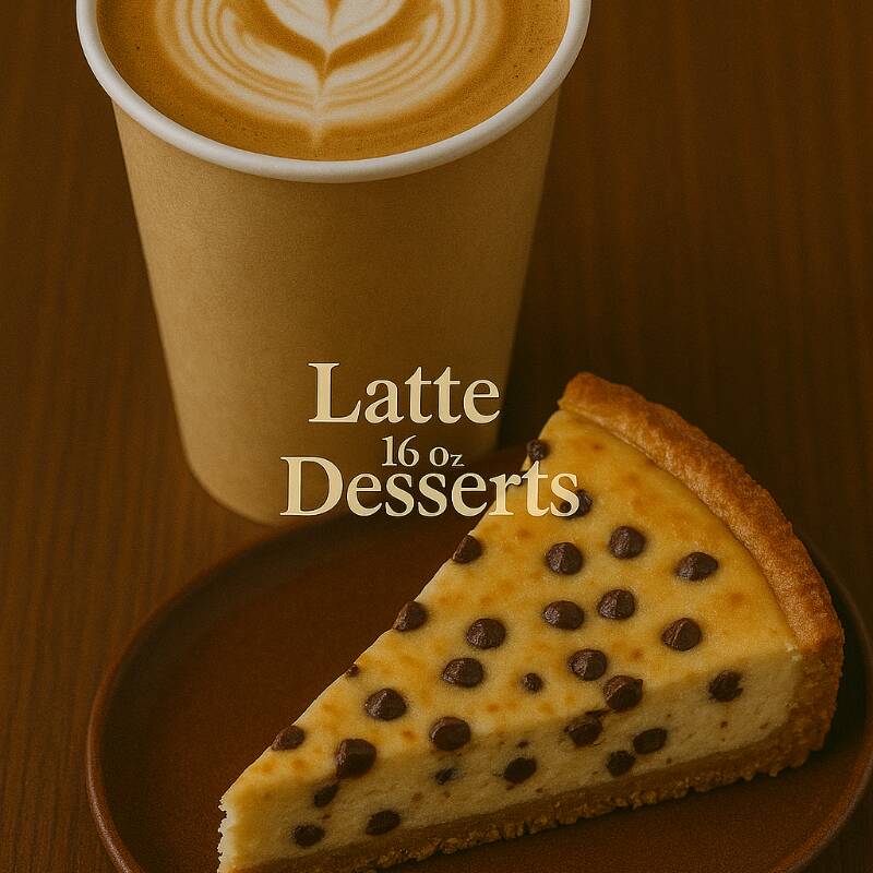 Latte 16 Oz + Pay de Queso con Chispas de Chocolat