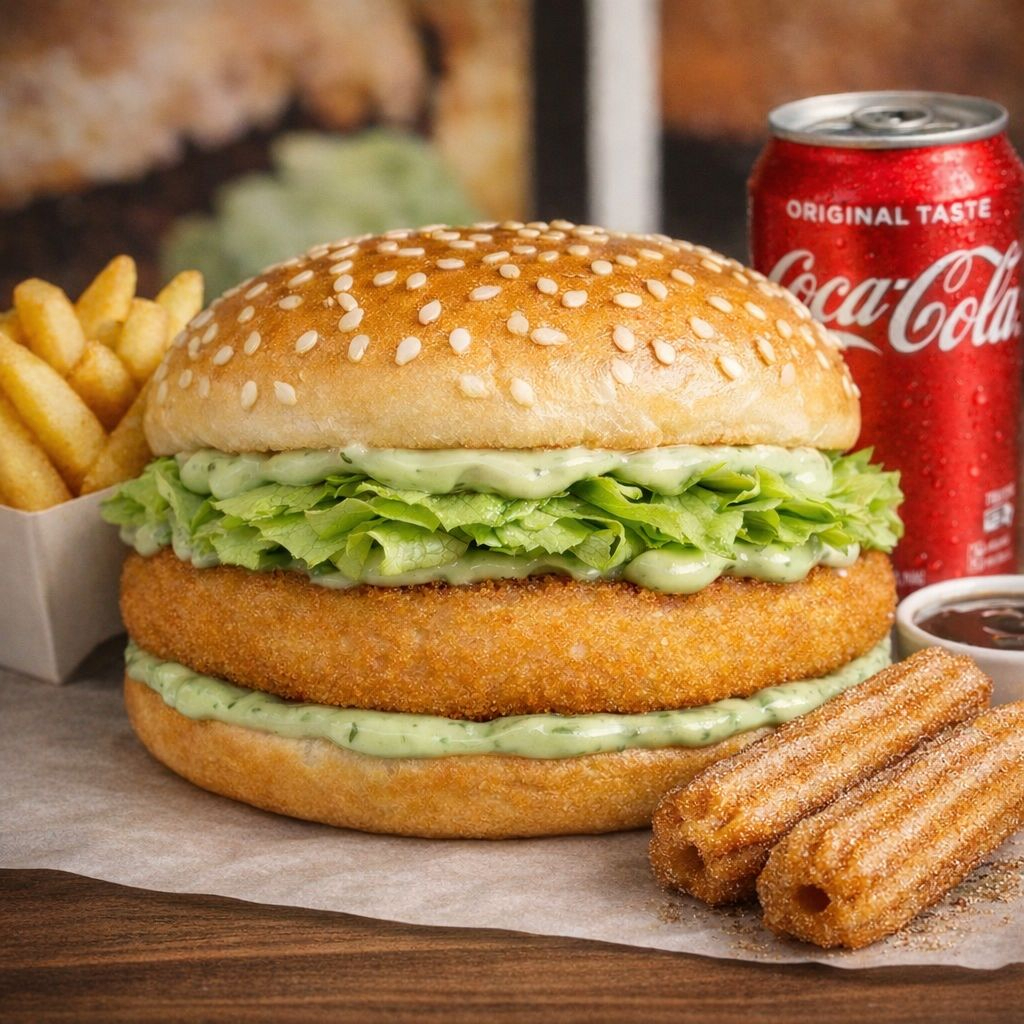 Delicioso hamburguer CHICKEN (pão brioche selado na manteiga, burger chicken, maionese da casa e a crocancia do alface americana. Este delicioso burger acompanha 120g batatinha temperada com tempero dry Rub sal, paprica e pimenta do reino, uma lata de refrigerante 350 ml e 3 deliciosos mini churros de doce de leite empanados no açúcar com canela.