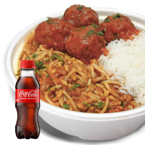 Almôndegas + arroz+feijão e macarrão ao sugo + Coca-Cola