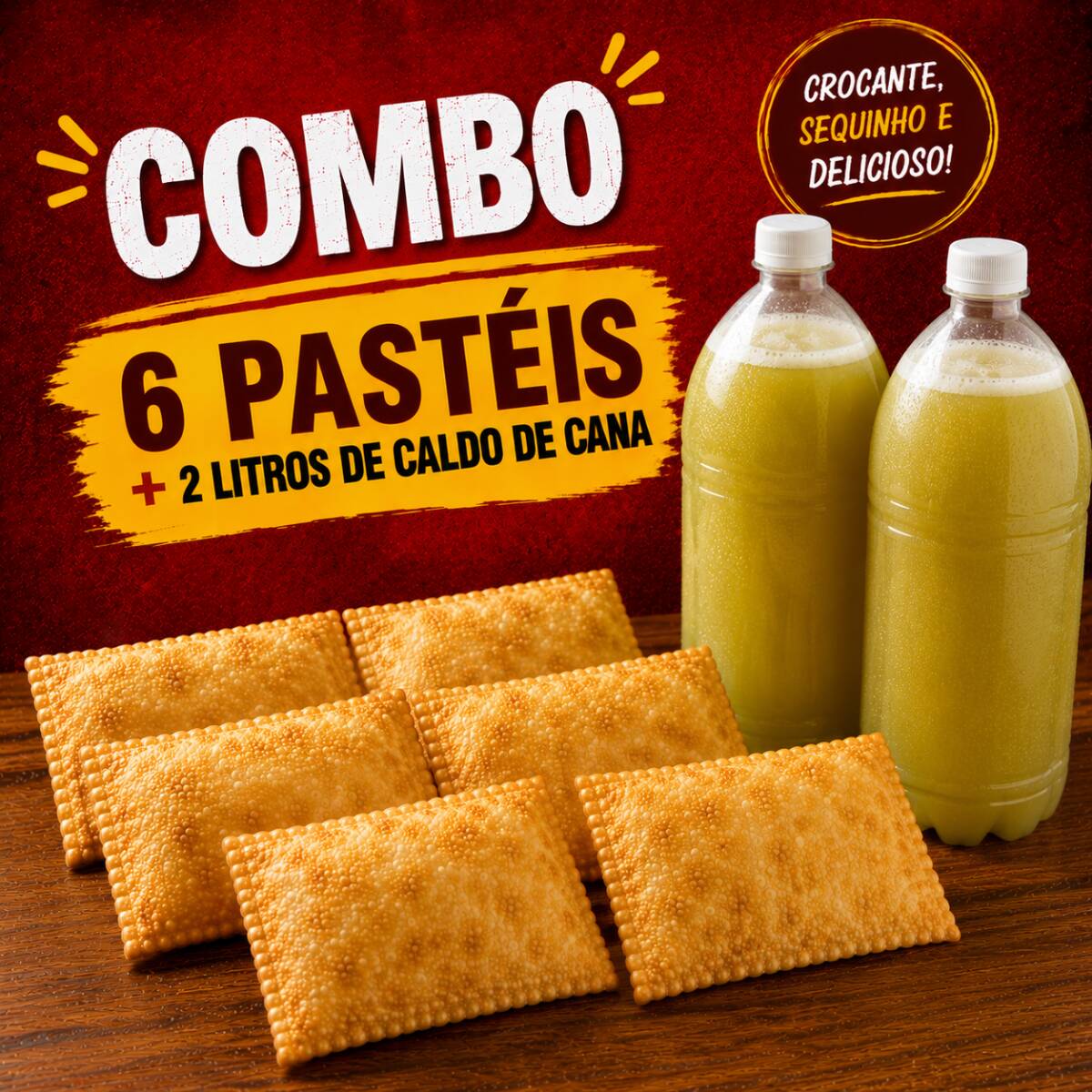 Escolha 6 sabores de pastéis tradicionais e 1 caldo de cana de 2000ml.
