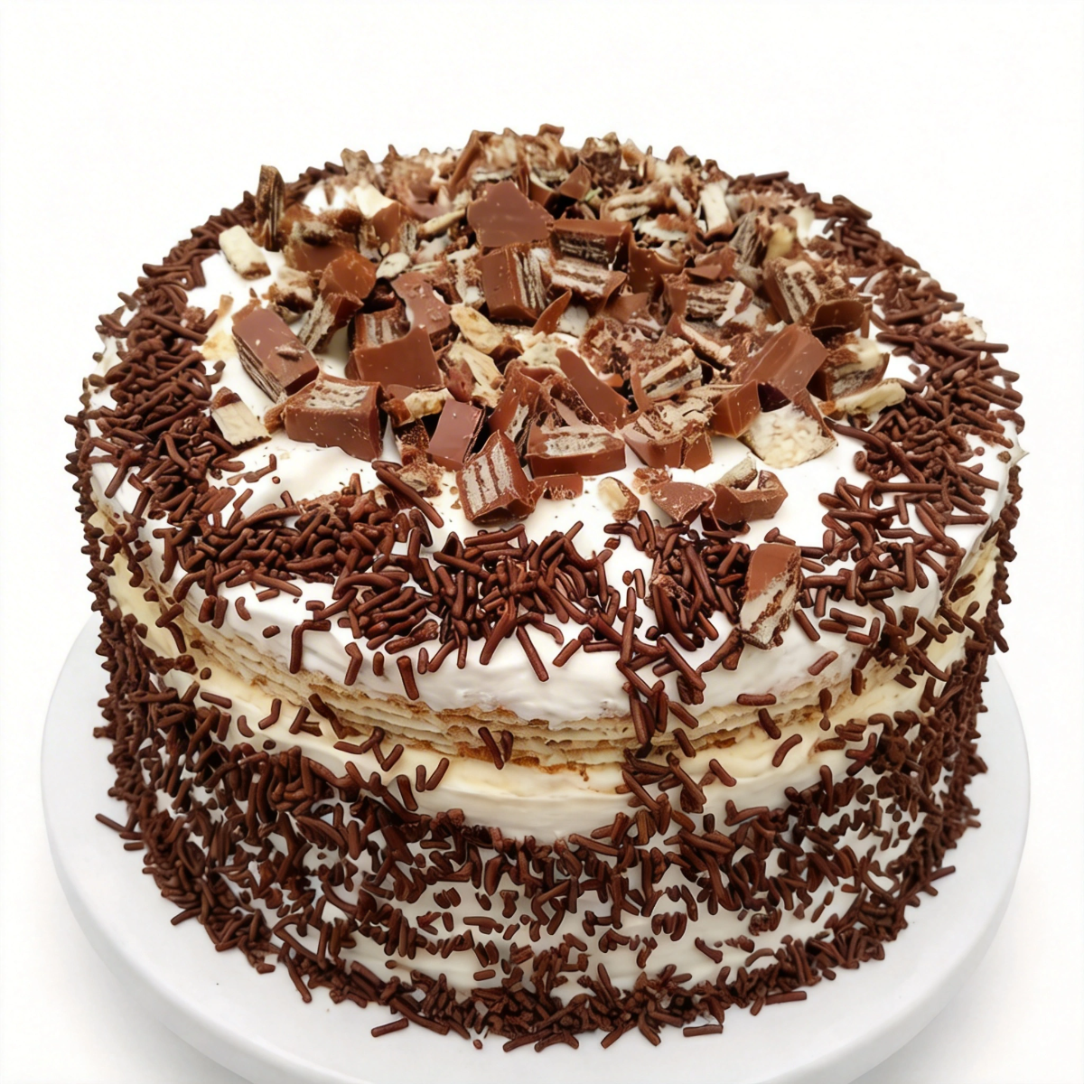Massa de chocolate fofinha, Nutella, cobertura de mousse de leite Ninho, decorado com granulados e Kit Kat