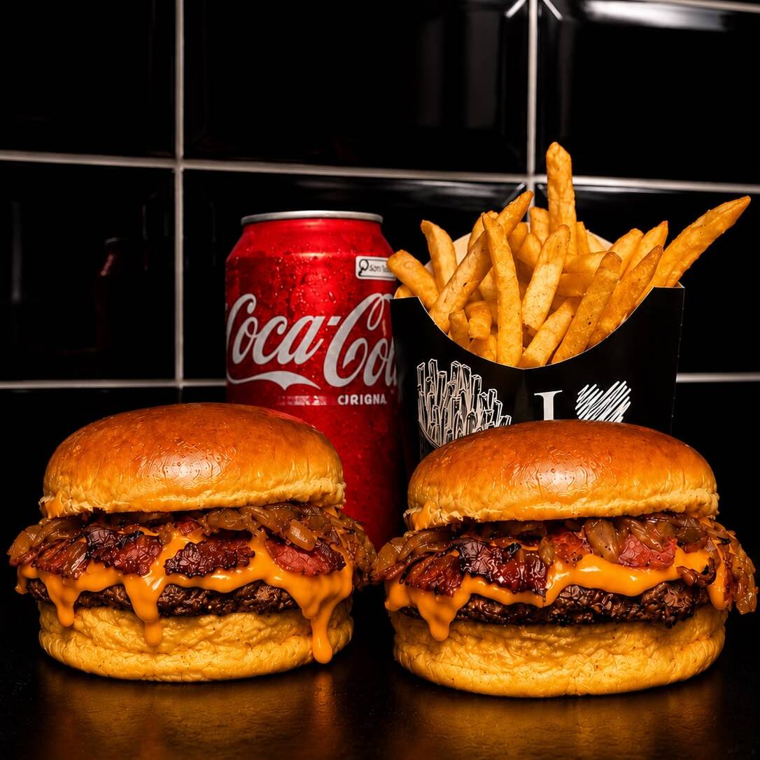 Dois hamburguers deliciosos com bastante cheddar e bacon, pão brioche amanteigado e um blend de 120 gramas delicioso + coca lata + batata