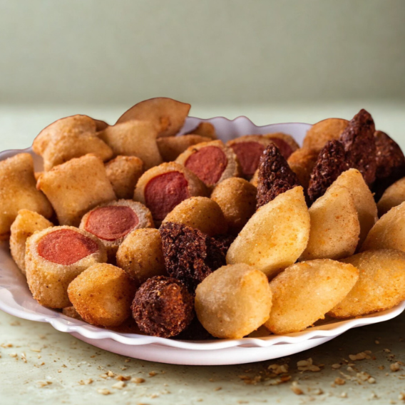 Coxinha, queijo, queijo e presunto, calabresa com queijo, enroladin salsicha, kibe, risole de carne. Não curte algum sabor? Sem problema! É só informar nas observações que a gente personaliza pra você.