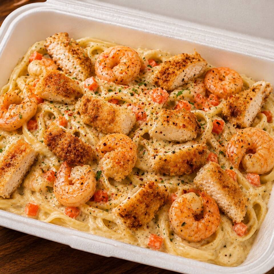 Pasta alfredo con toque picante pollo y camarones