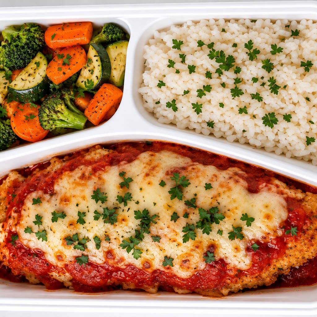 Filé de frango empanado sem glúten (130g), coberto com molho de tomate (60g) e mussarela (30g), acompanhado de arroz branco (100g) e legumes (100g). Uma combinação equilibrada, saborosa e bem servida. 507 kcal | 48g de proteína