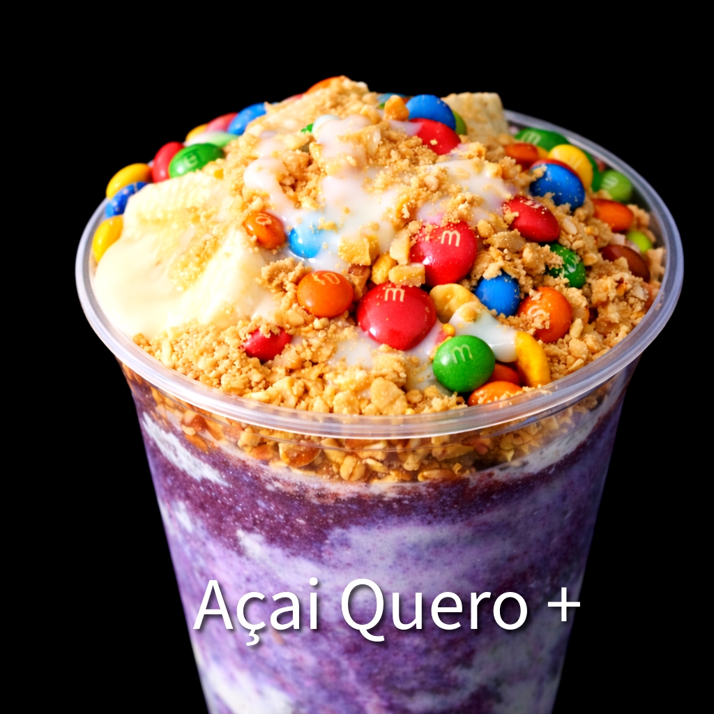 Açaí cremoso com leite condensado , leite em pó, granola, paçoca, banana e m&m