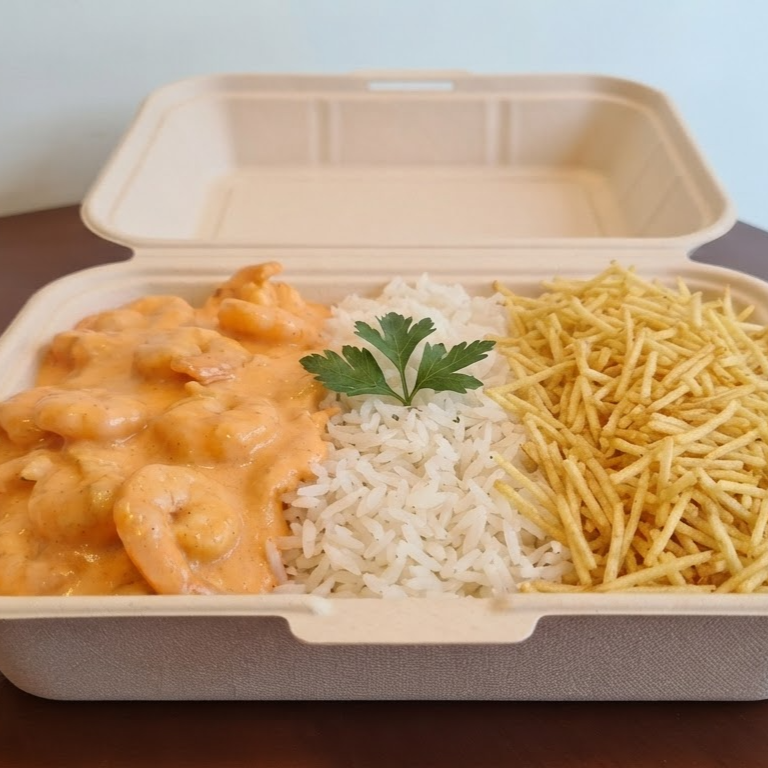 File de frango em cubos grelhado ao molho de mostarda, catchup e creme de leite; toque de conhaque e cogumelos grelhados. Acompanha arroz branco e batata palha.