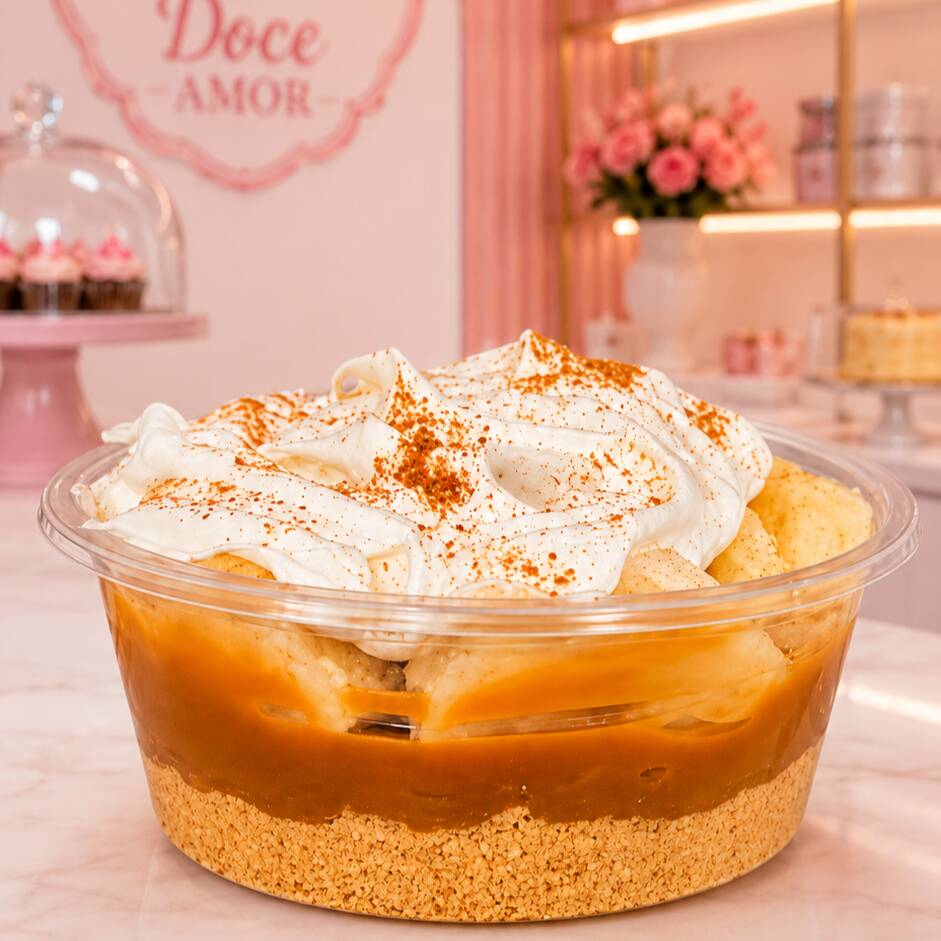 Farofa artesanal de biscoito acrescida com uma camada generosa de doce de leite, bananas cortadas e chantilly para finalizar