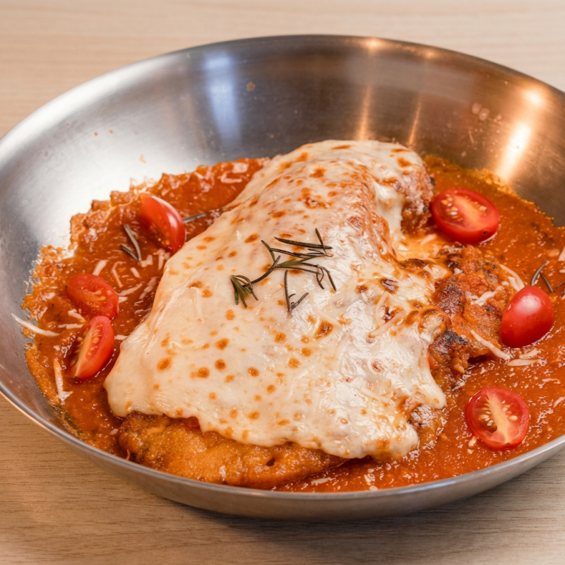 Saboroso filé de frango à Parmegiana, cuidadosamente empanado e coberto com uma suculenta camada de mussarela gratinada, que derrete na boca. O toque especial fica por conta do bacon crocante, que traz uma explosão de sabor ao prato. Acompanha o tradicional arroz branco, perfeitamente temperado, e batatas fritas, douradas e crocantes. Uma verdadeira delícia para quem aprecia a culinária italiana com um toque especial. Esta é a nossa versão individual da Parmegiana de Frango com Bacon, perfeita p