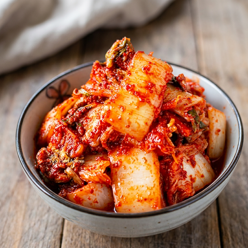 O kimchi é um prato tradicional da culinária coreana que consiste em vegetais (principalmente acelga, mas também rabanete ou pepino) salgados e fermentados com uma mistura de pimentas, alho, gengibre, e outros temperos.