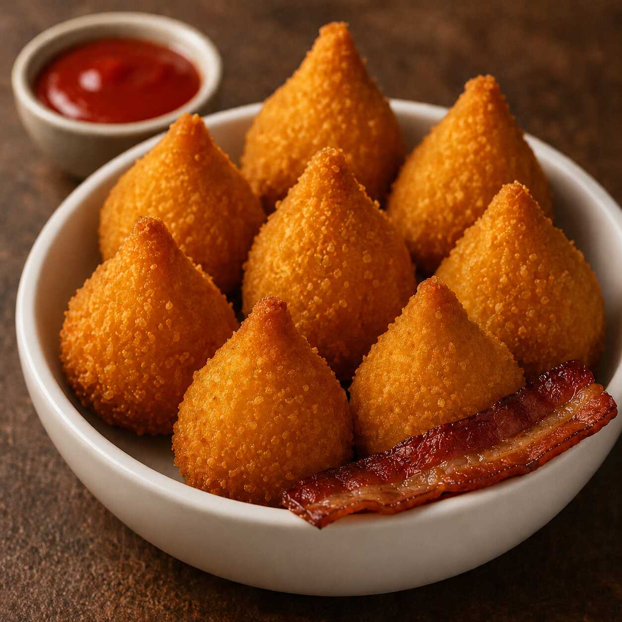 São 25 unidades irresistíveis, preparadas com massa artesanal finíssima e frita até atingir o ponto ideal de crocância. O recheio de frango é temperado com um toque suave de bacon defumado, garantindo um sabor marcante, porém delicado, que da agua na boca.
Acompanhamentos: Para elevar o sabor, nosso box acompanha 3 sachês de ketchup e 3 sachês de maionese