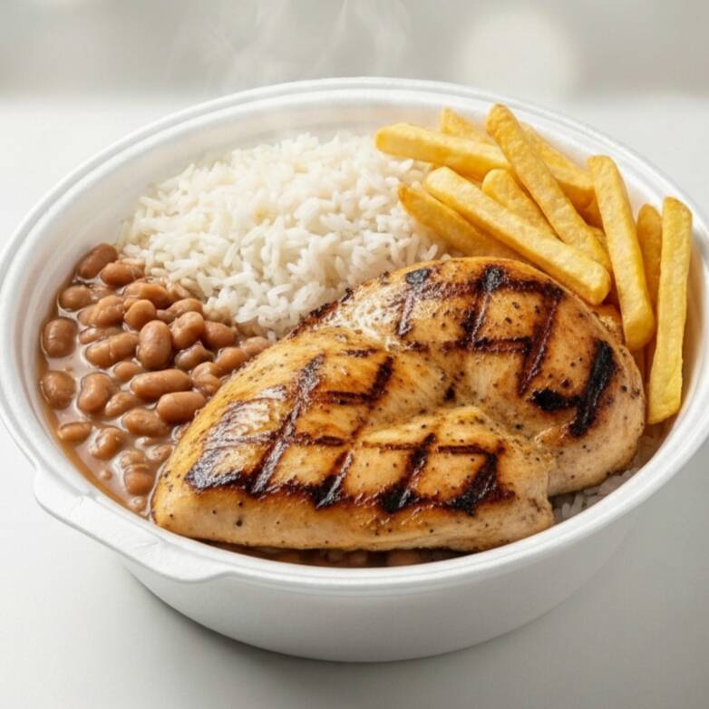 Guarnições: Arroz, Feijão, Batata Frita, Farofa e Salada.