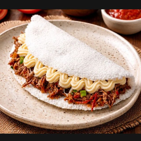 Massa de Tapioca recheada com carne bem temperada e desfiada e requeijão