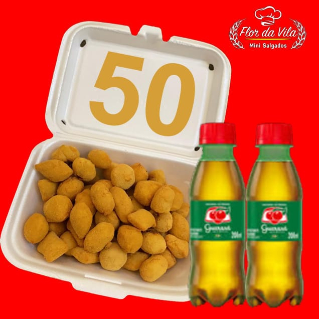 50 Deliciosos mini salgados(13grs). 5 Sabores: Coxinha, presunto e queijo, rissole de carne, enroladinho de salsicha e requeijão. Acompanha 2 guaranás 200ml. Não aceitamos alterações neste Mix promocional.