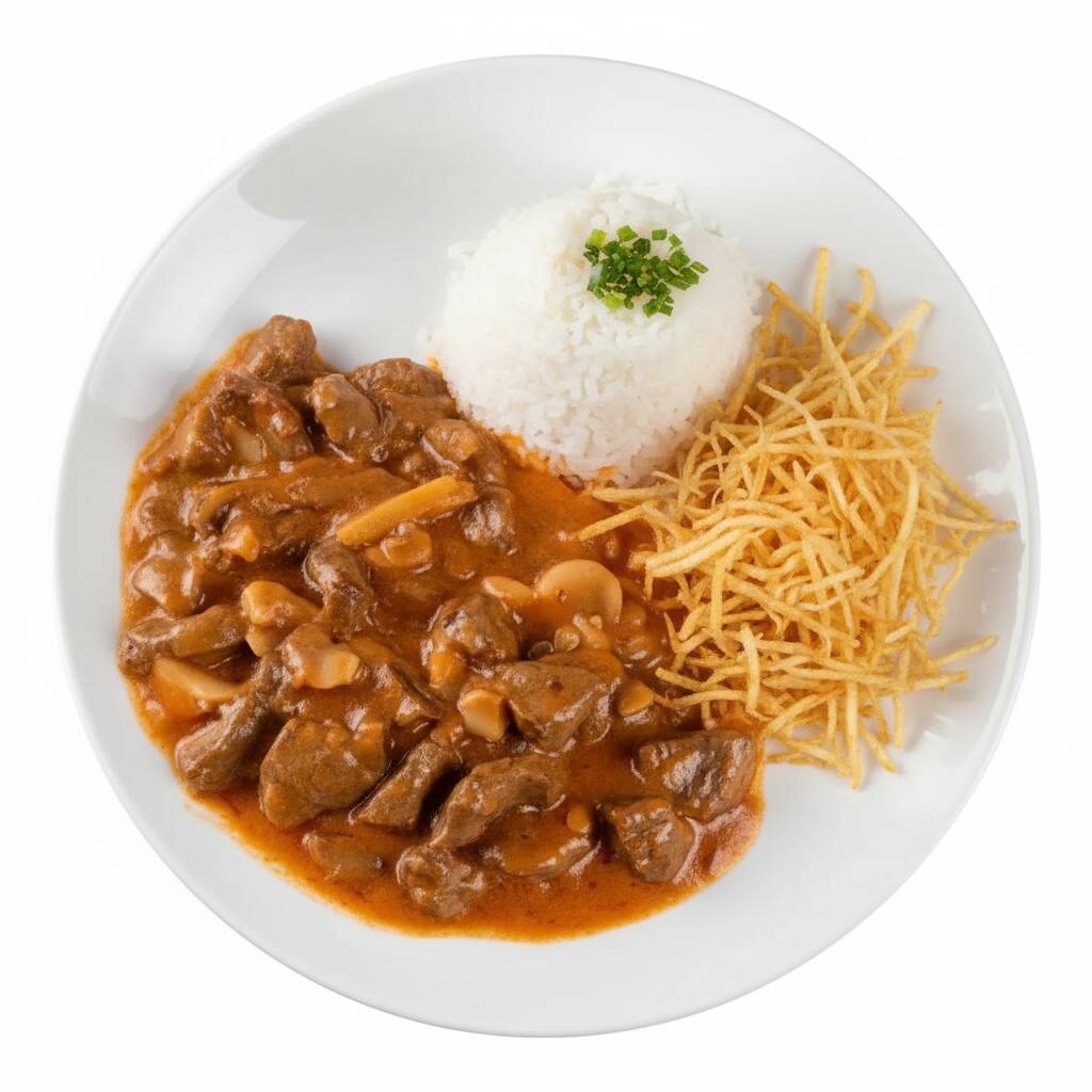 Estrogonoff de carne, arroz e batata palha