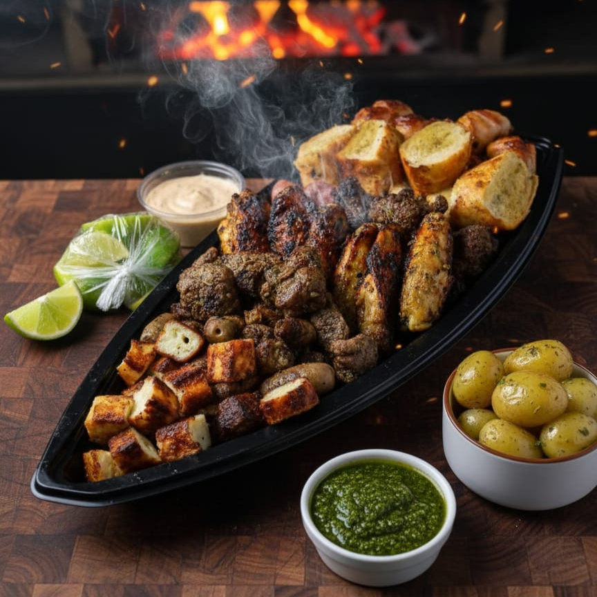 Nossa big líder acompanha 2x espetinho de carne,2x pães de alho, 2x espetinho medalhão de frango, 2x espetinho de tulipa , 2x espetinho de coração, 1x queijo coalho, 1x Toscana, 1x espetinho de panceta, 1x espetinho de kafta artesanal acompanha molho verde, farofa turbinada para churrasco, 5 batatinhas em conserva e limão. Para completar, a barca vem acompanhada uma Coca cola 2l totalmente grátis. Aproximadamente 1.400g