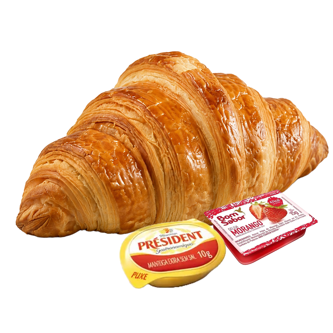 Croissant de massa leve e amanteigada, com dois acompanhamentos à escolha: geleia de morango (15gr) ou manteiga (10gr).