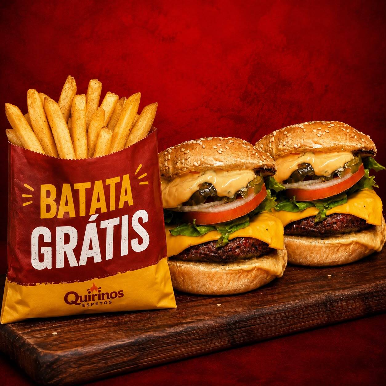 Dois burgers de 140g cada, cheddar derretido, molho Big, picles, alface, tomate e cebola no pão com gergelim. Um clássico com muito sabor!