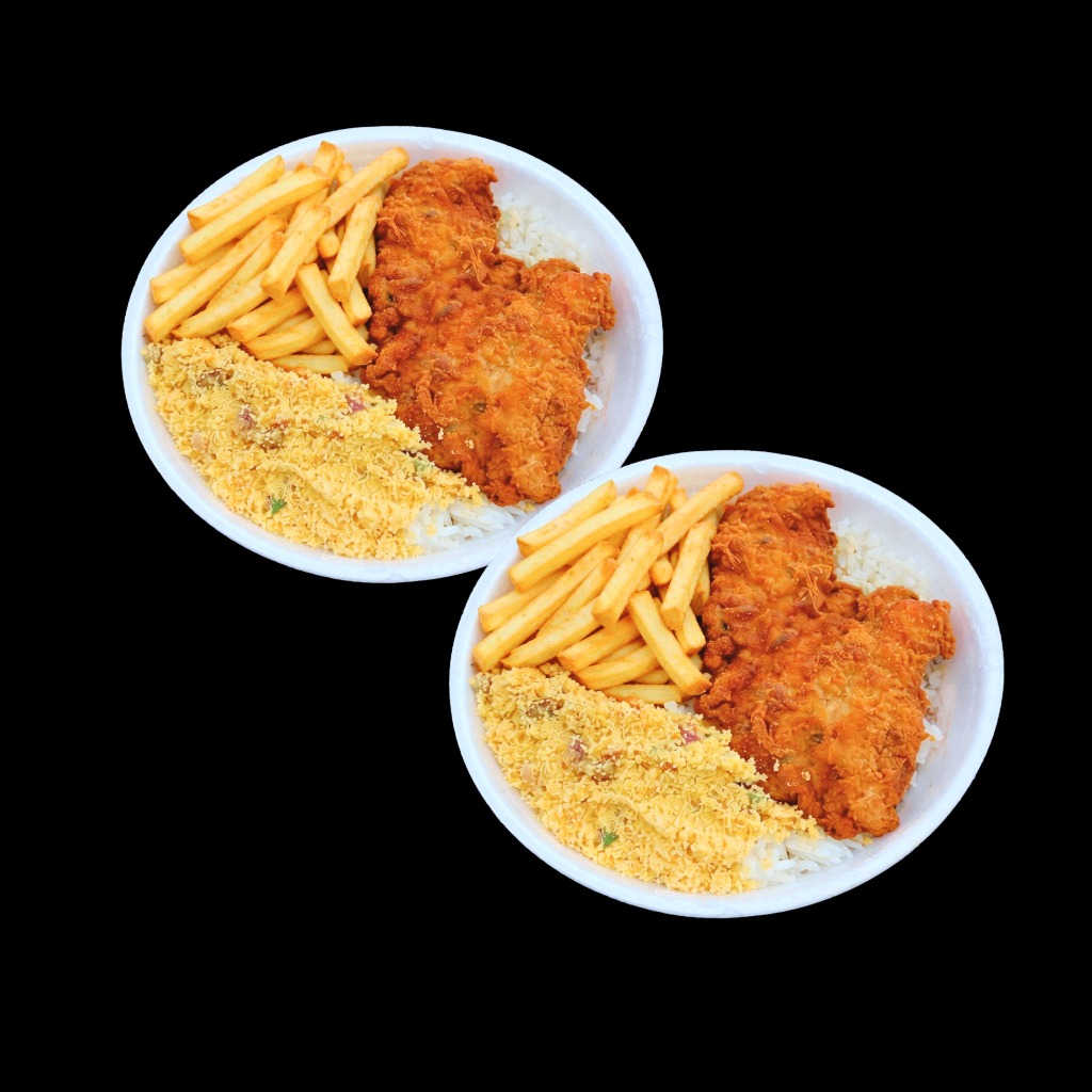 Arroz , feijão , empanado de Frango , fritas e farofa