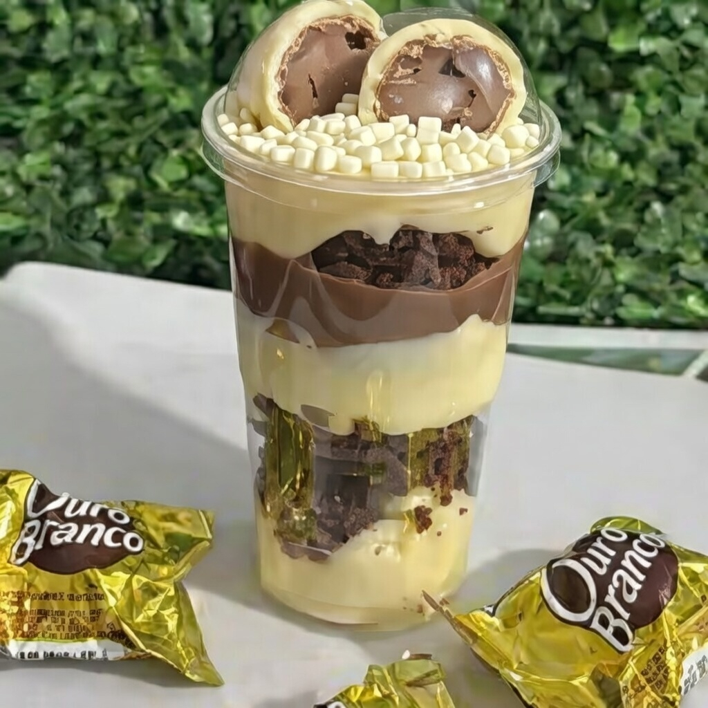 Recheio de brigadeiro branco aerado, camadas de Brawnie, brigadeiro gourmet finalizado com e Ouro Branco.