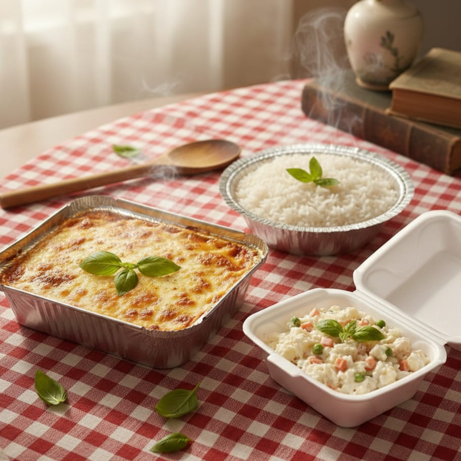 3 marmitas grandes separadas: 1 de Conchiglione recheado de carne à bolonhesa coberto com nosso molho bechamel e queijo mussarela + 1 porção generosa de arroz branco soltinho + uma porção grande de salada de maionese. Serve de 2 a 3 pessoas. Uma refeição que vai te transportar diretamente pro almoço de domingo na casa da vó! #massa #macarronada #macarrão #molho branco #almoço #marmita #marmitex #comida #refeição