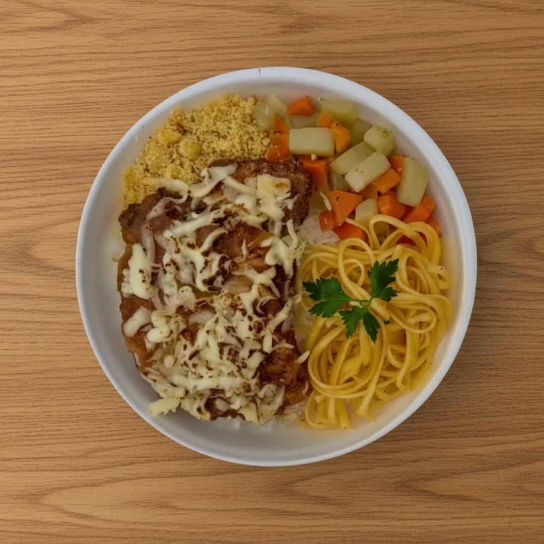 Acompanha: Arroz branco, feijão, massa alho e oleo, farofa, legumes e frango a parmegiana.