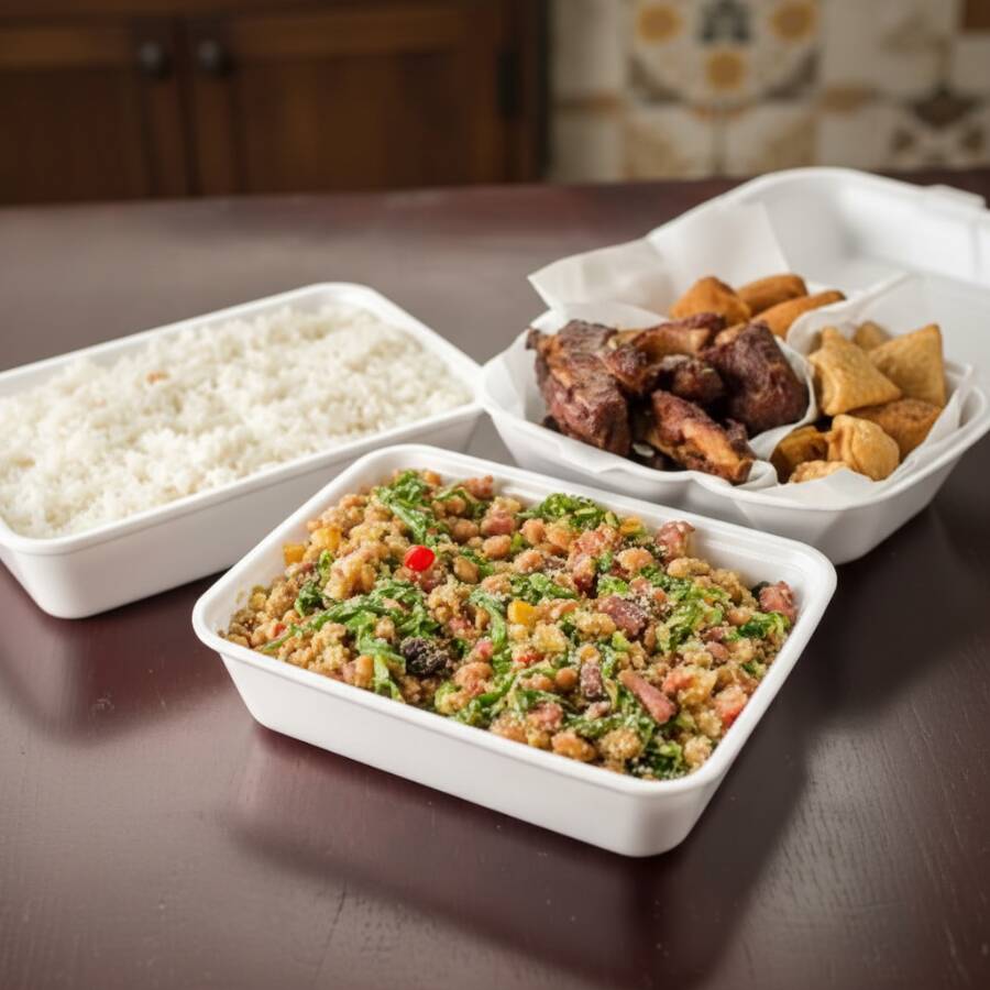 Feijão tropeiro - feijão carioca refogado, bacon, farinha de mandioca, couve, coentro , cebola e pimentão, acompanha arroz branco , torresmo, costelinha suína e 4 pedaços de banana a milanesa. serve 3 pessoas.