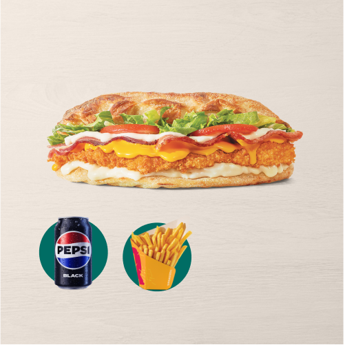 Frango crocante no pão macio, com queijo e molho especial + 1 Batata Grande + 1 Refrigerante Lata.