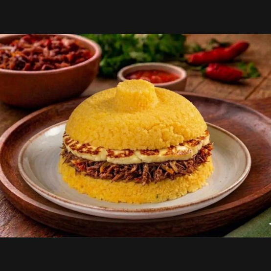 Massa de cuscuz molhadinha e fofinha recheada com queijo coalho e carne seca desfiada e temperada com alho e cebola